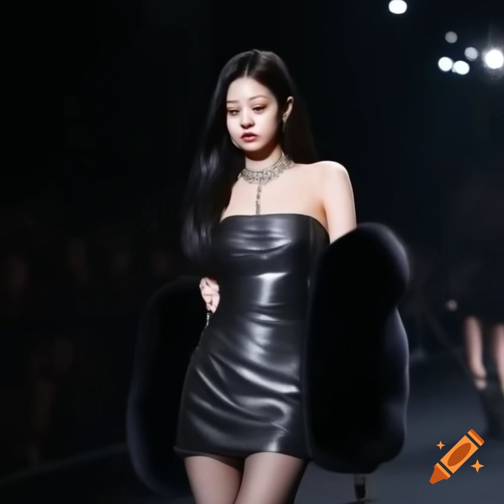 Jennie from BLACKPINK on a moody catwalk in stylish gunmetal mini dress and faux fur wrap