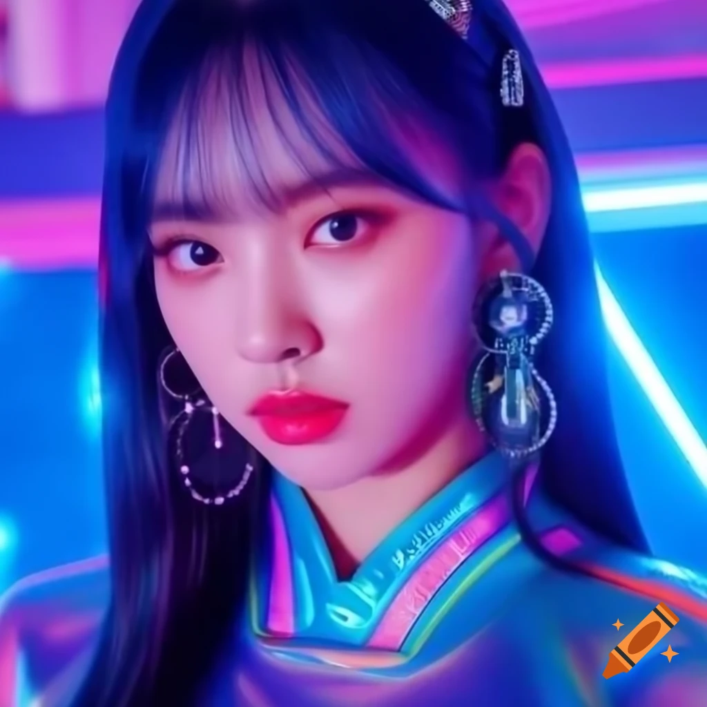 Hyperrealistic portrait of Jihyo from TWICE in Y2K holographic tracksuit with bold makeup