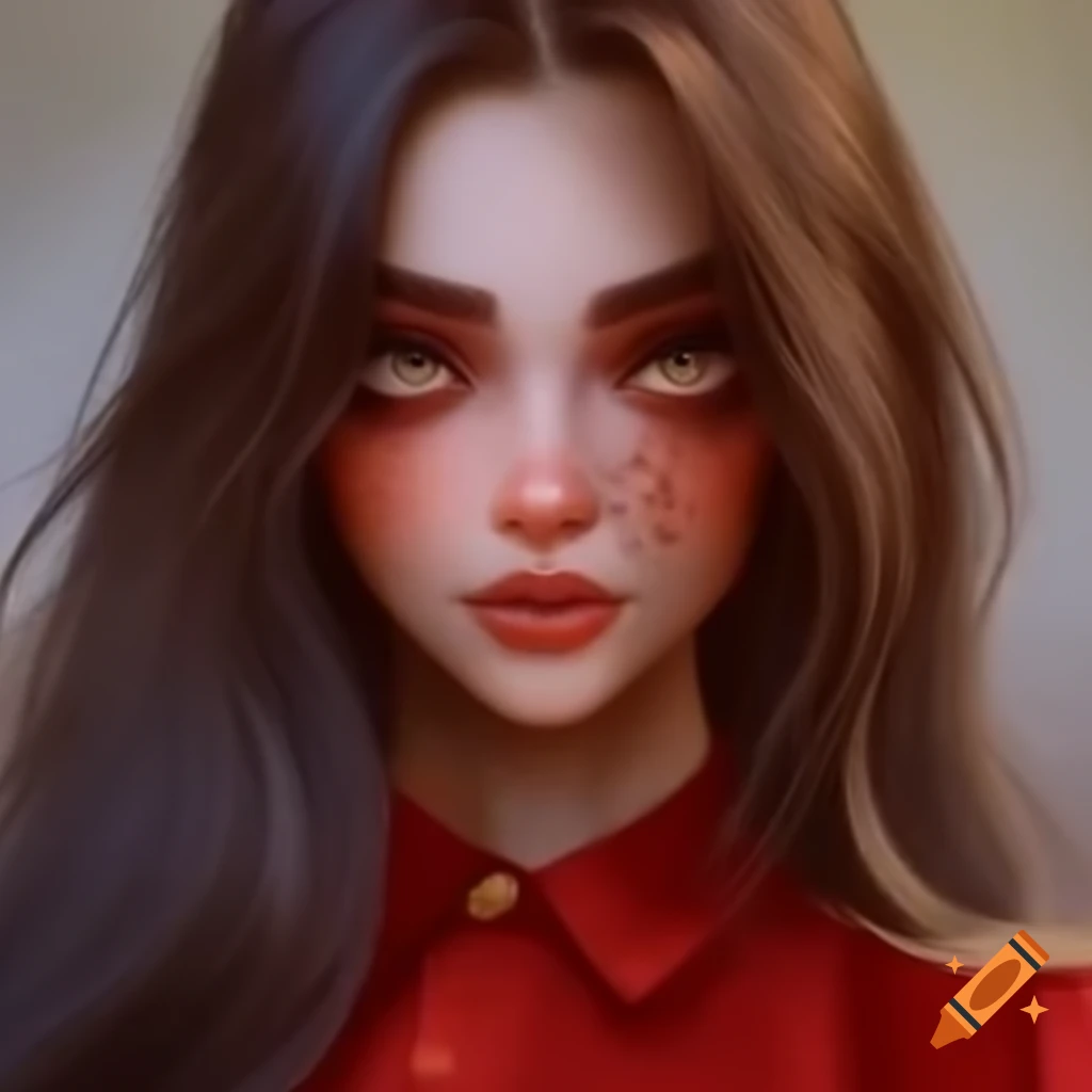 Woman with long brown hair and hazel eyes in red shirt and high heels