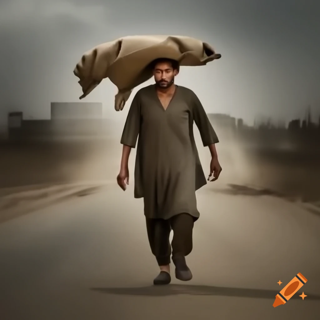 Young man in torn shalwar kameez carrying sack on dusty factory road