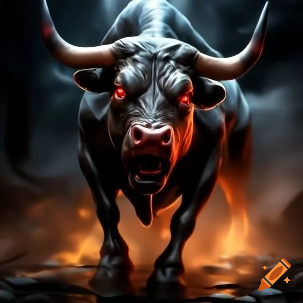 Realistic angry crypto bull with glowing red eyes in darkness on Craiyon