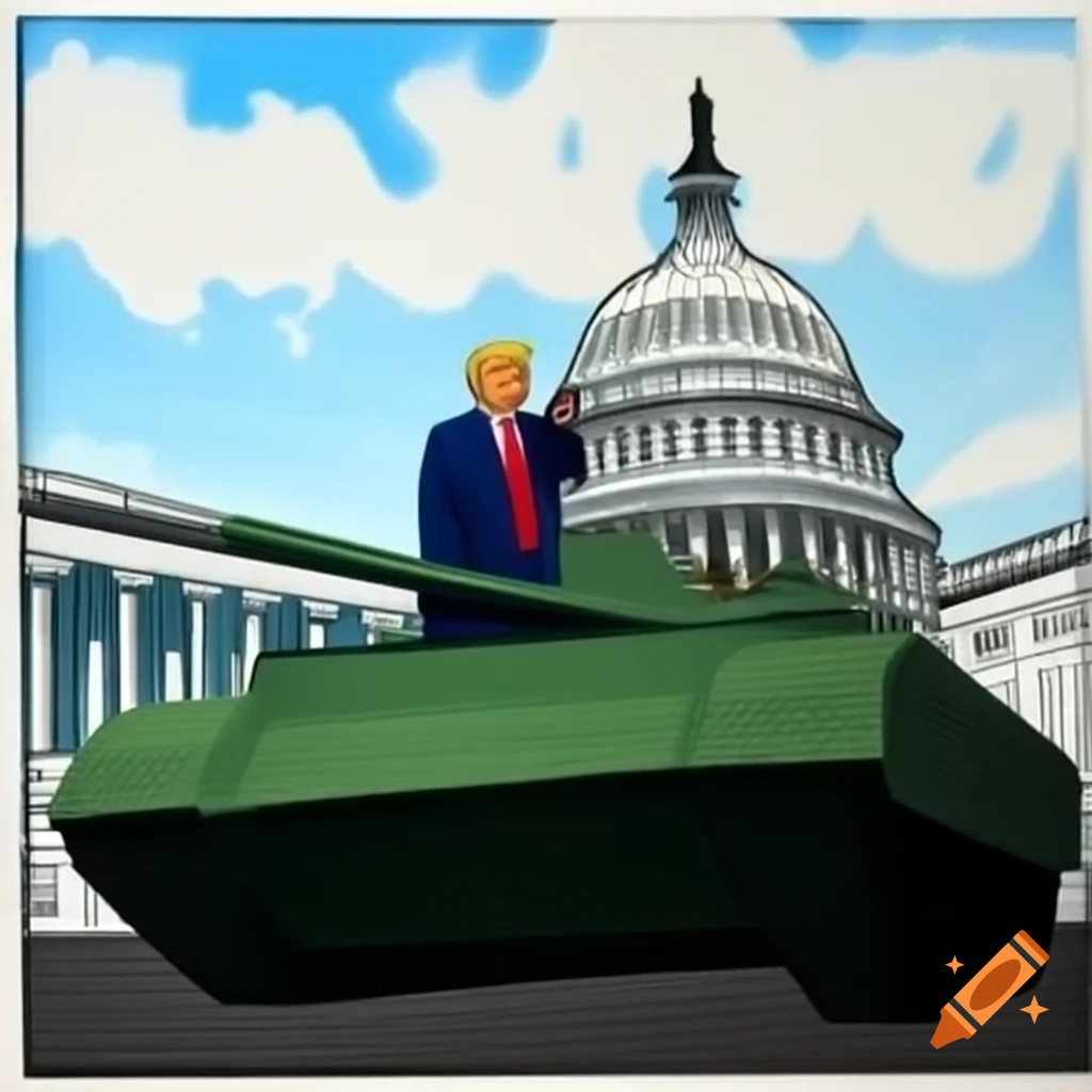 Political scene featuring Donald Trump in a tank before the Capitol ...