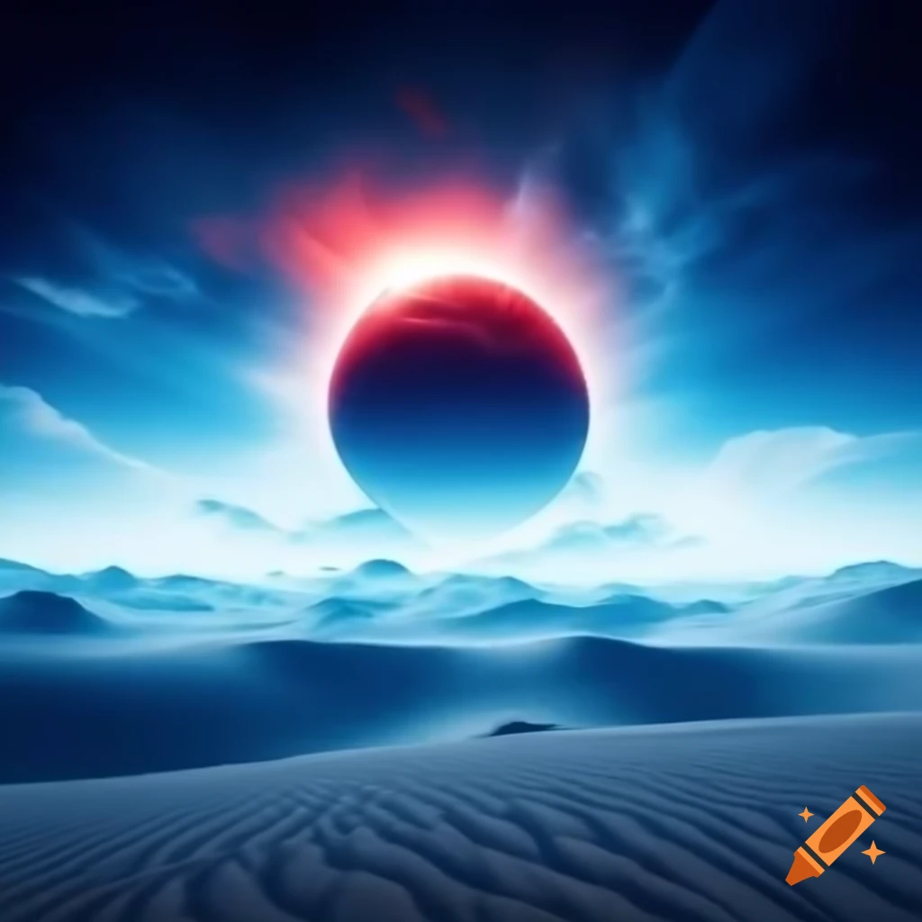 Sky-blue desert landscape with dying red sun
