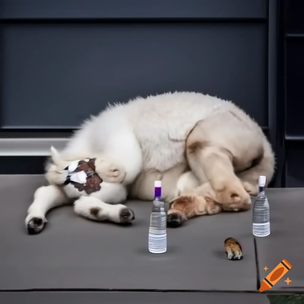 Llama sleeping on sidewalk with empty vodka bottles and mouse holding bottle