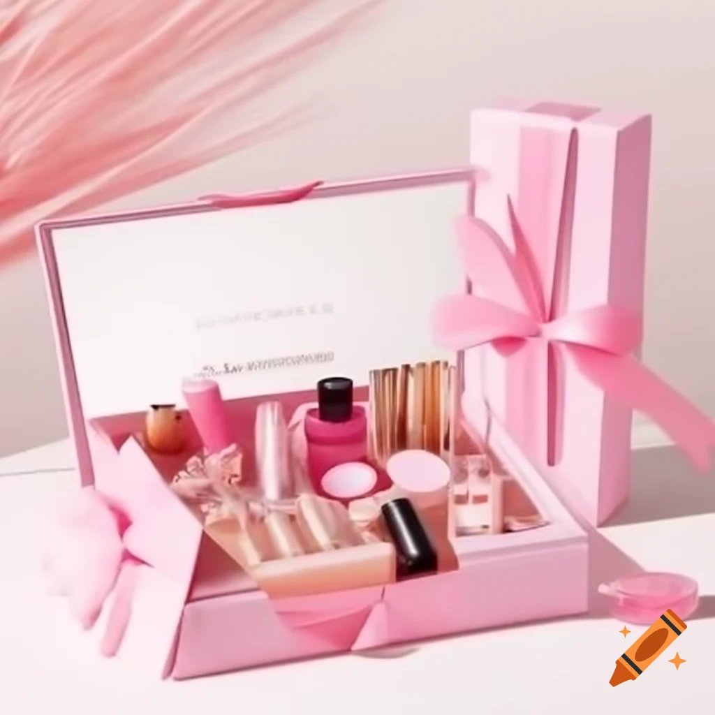 Makeup gift set Daily Essentials with BB cream, mascara, lip balm in elegant pink and white packaging