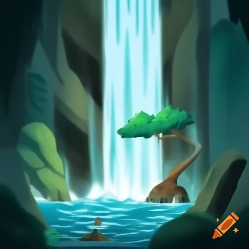 Tall waterfall with green tree and colorful bird nest