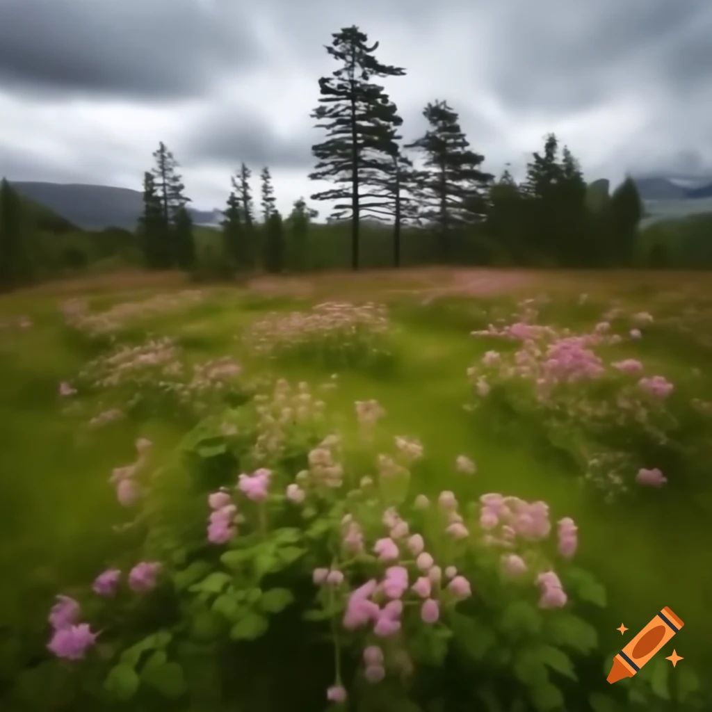 Vibrant summer meadow in Scotland with wildflowers and blooming thistles