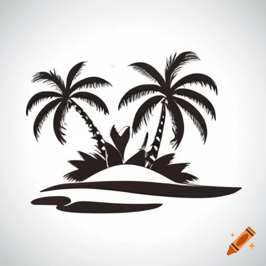 Black and white vector illustration of an island with coconut palms
