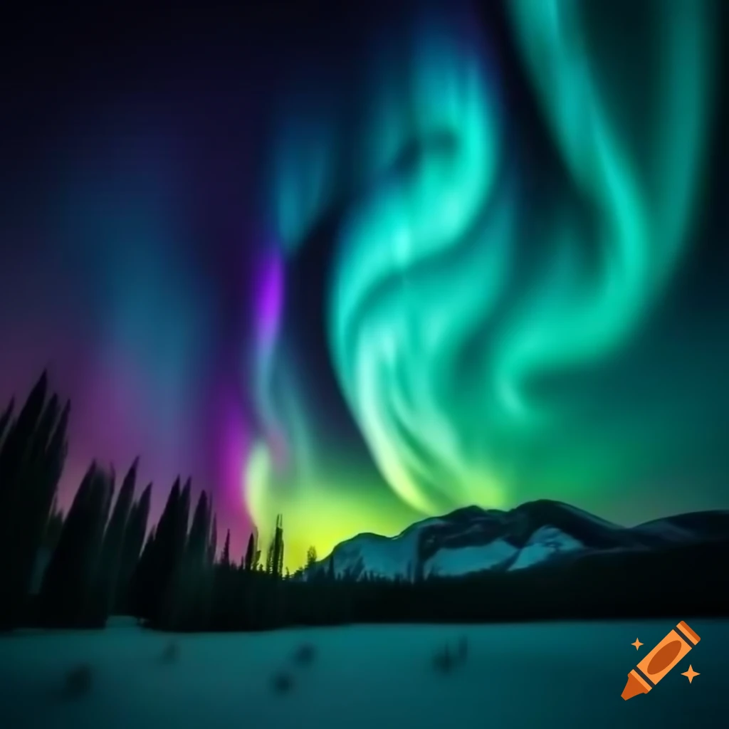 Northern lights display over snowy forest and mountains at night