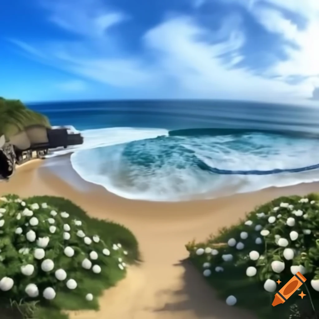 Scenic beach with blue water, green trees, and beach furniture