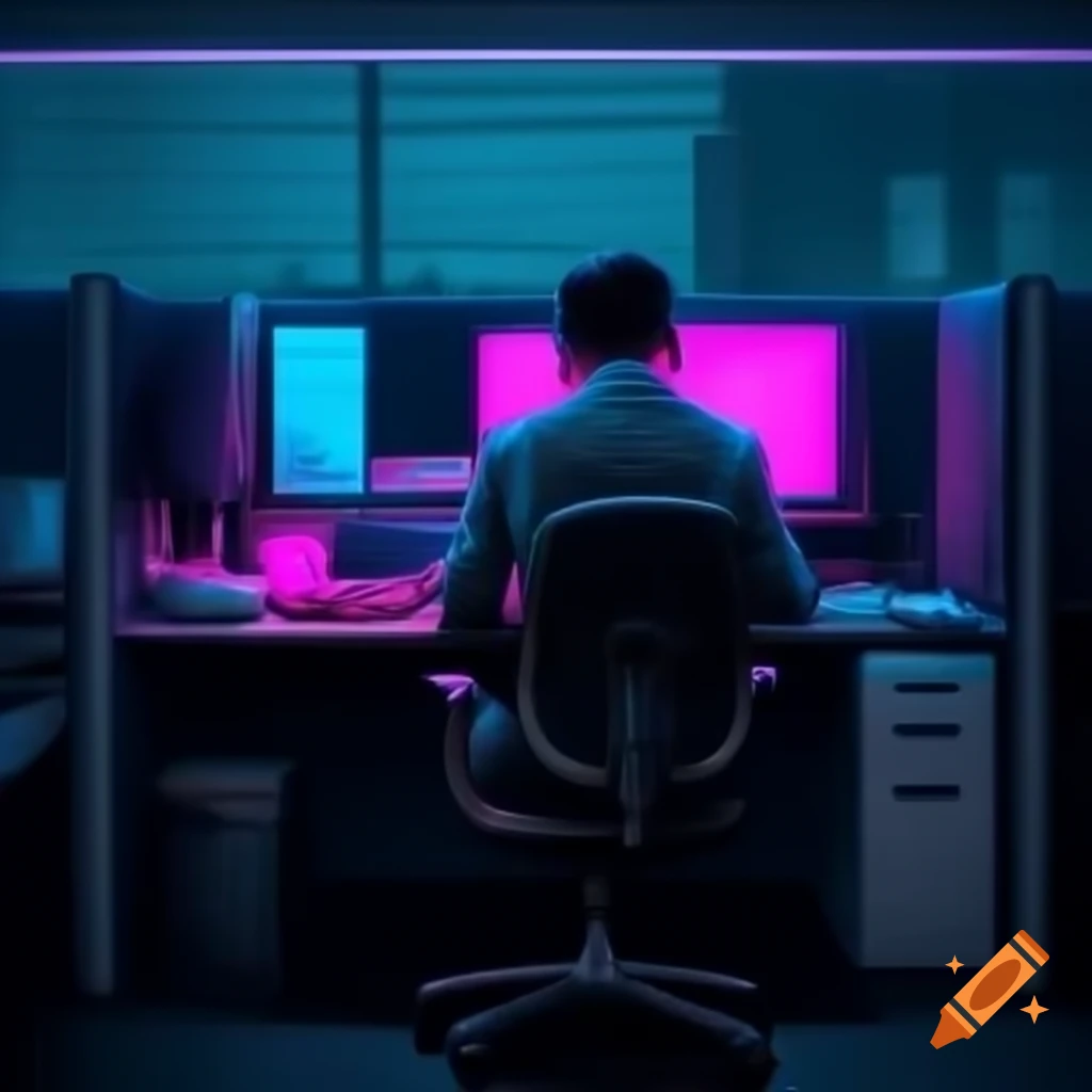 Sad office worker in dark cubicle with neon cyberpunk lighting