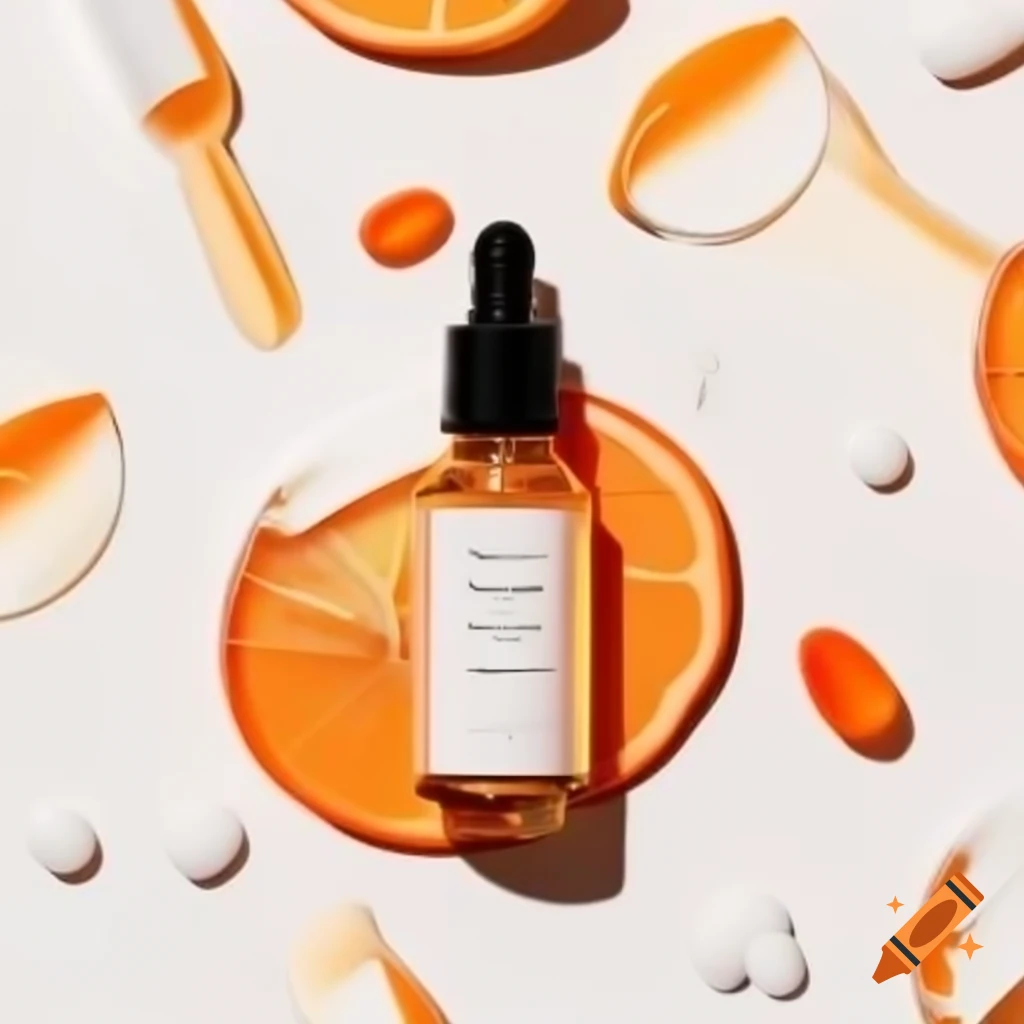 Brightening serum in elegant glass dropper bottle with orange and white packaging, featuring vitamin C graphics