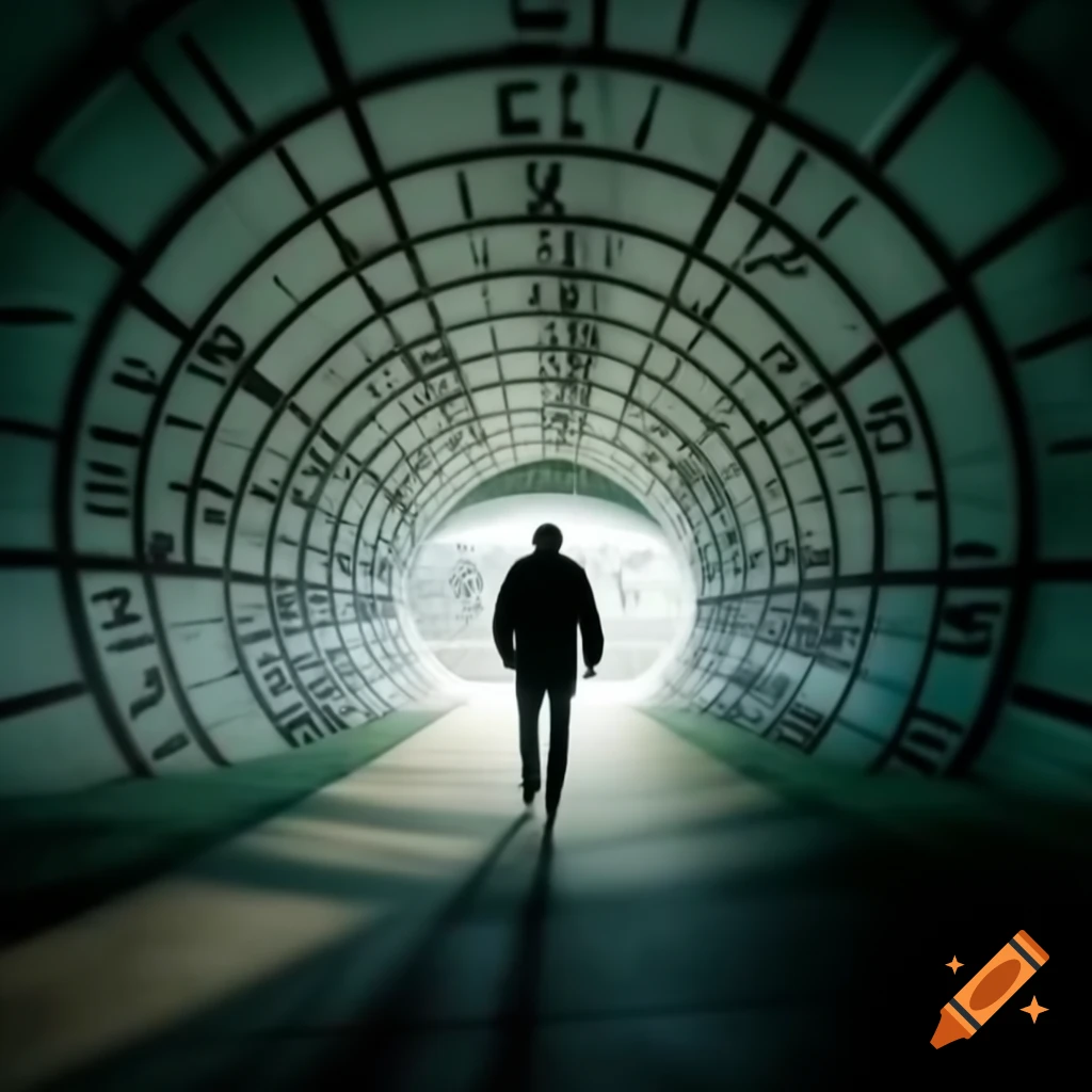 Man walking backward in a surreal clock tunnel