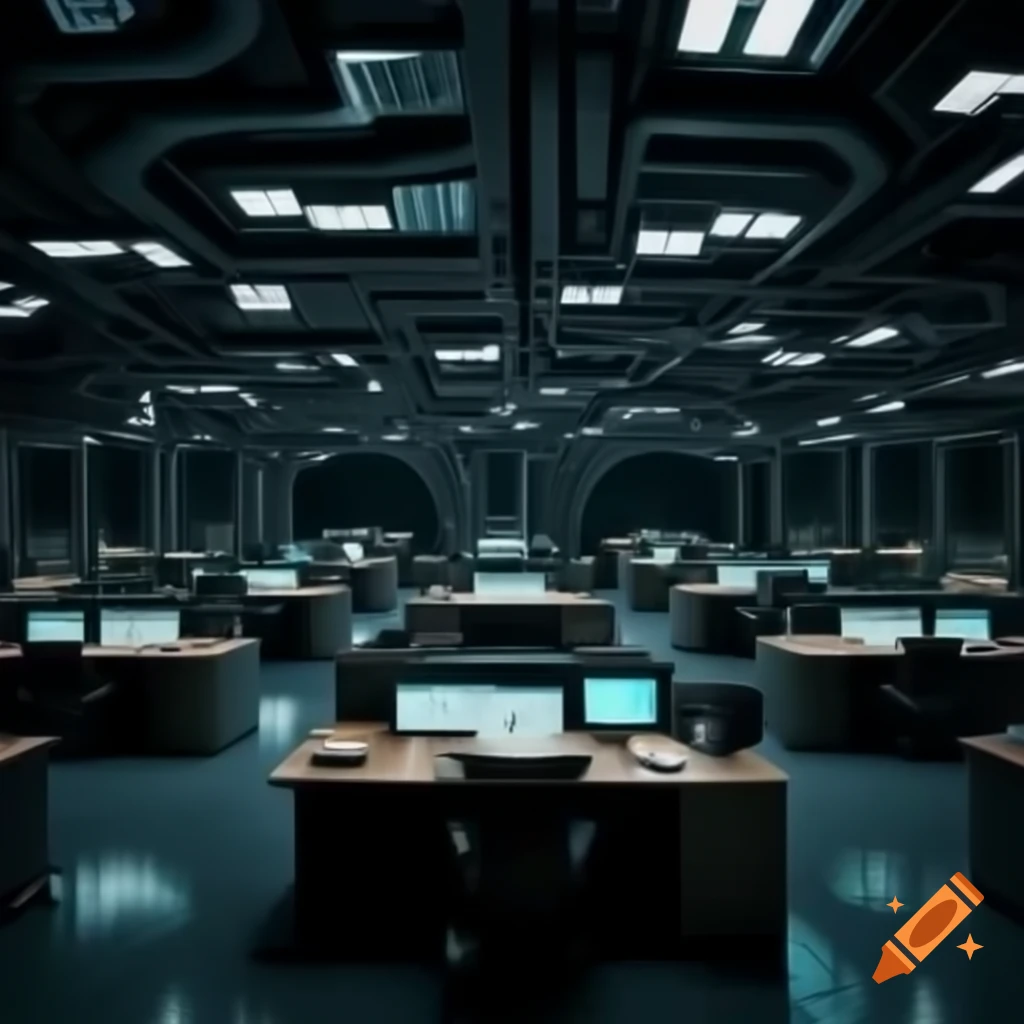Surreal cyberpunk office desk maze viewed from above with dim lighting