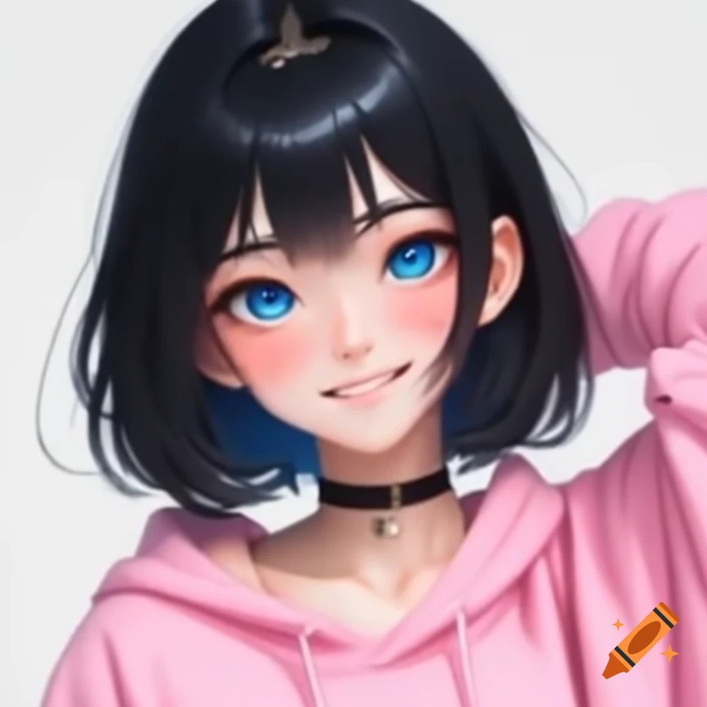 Anime woman with black short hair and clips, blue eyes and freckles in white-pink hoodie