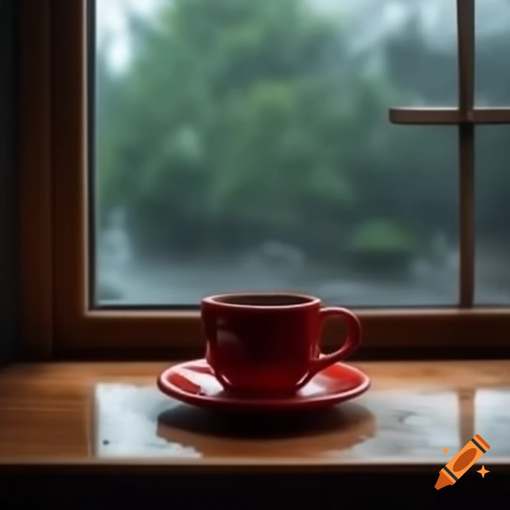 Two red coffee cups by window with rain outside