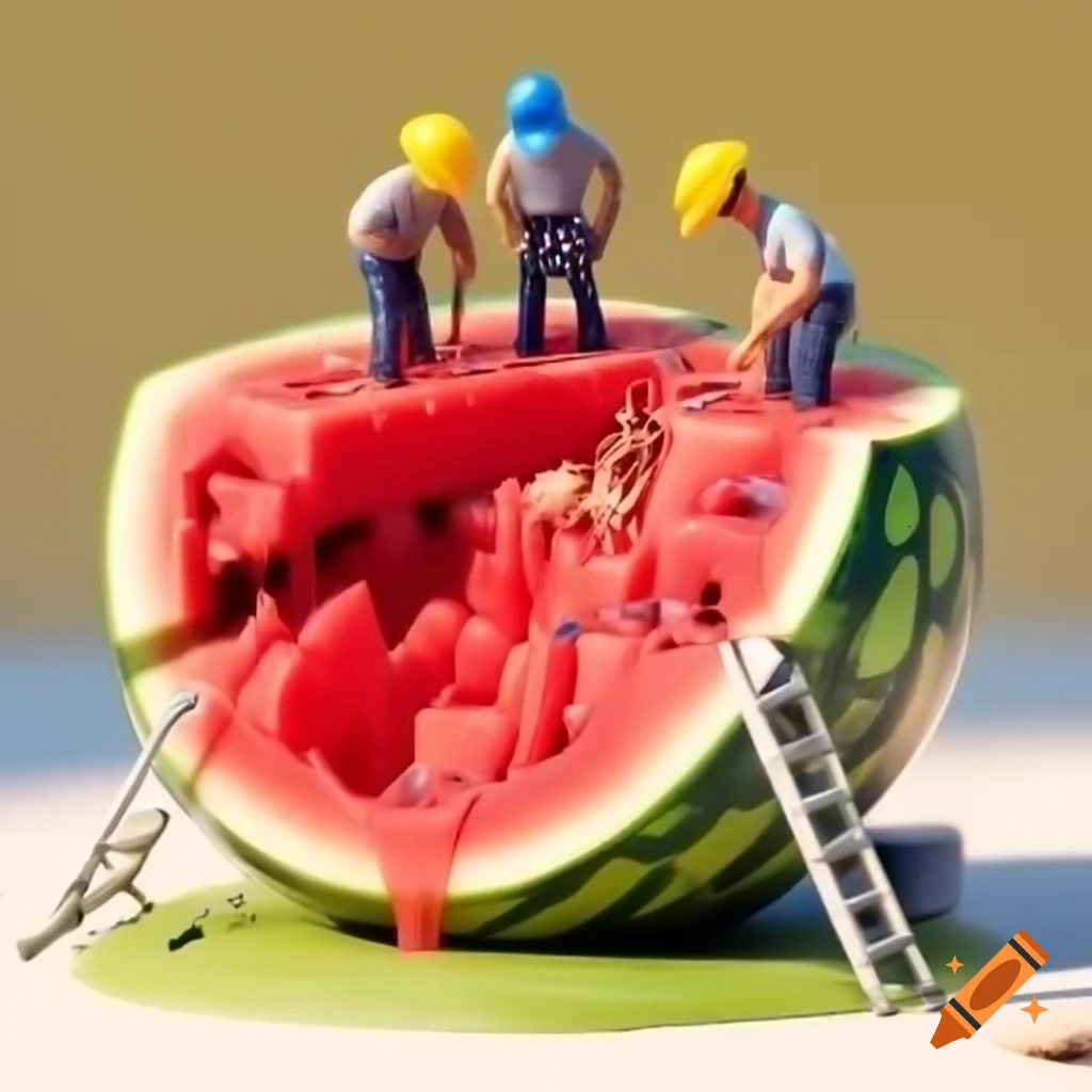 Miniature construction workers building on giant sliced watermelon with detailed tools