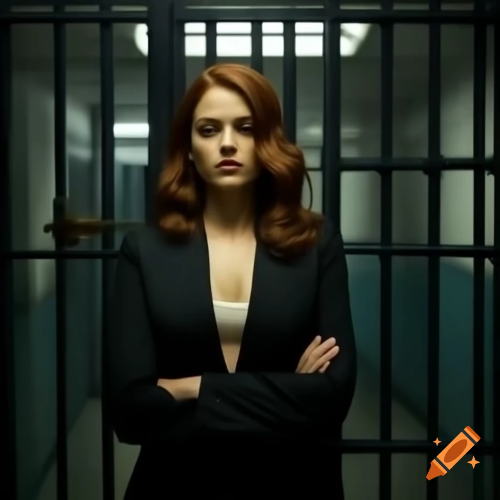 Confident woman in business suit looking through prison bars
