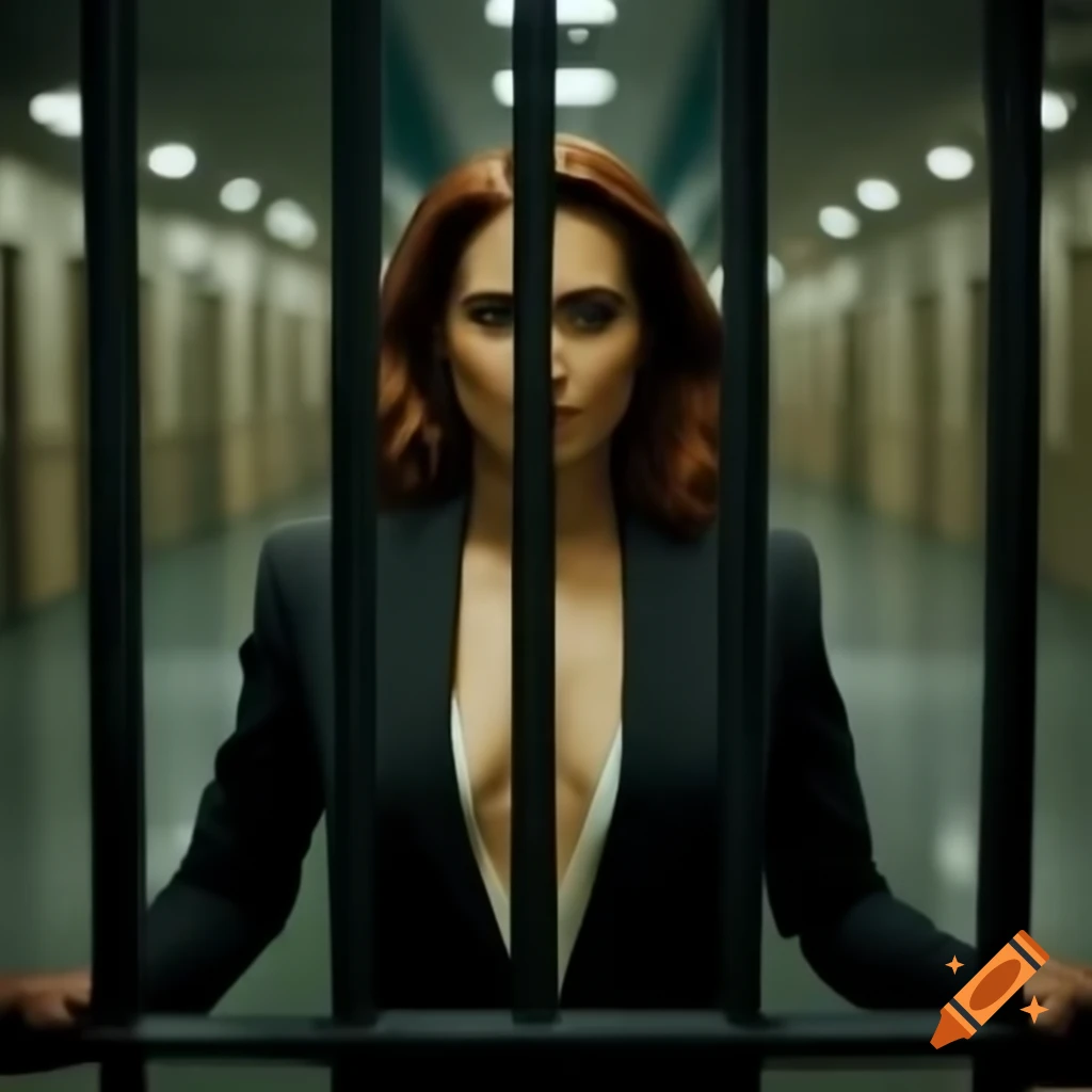 Confident woman in business suit looking through prison bars