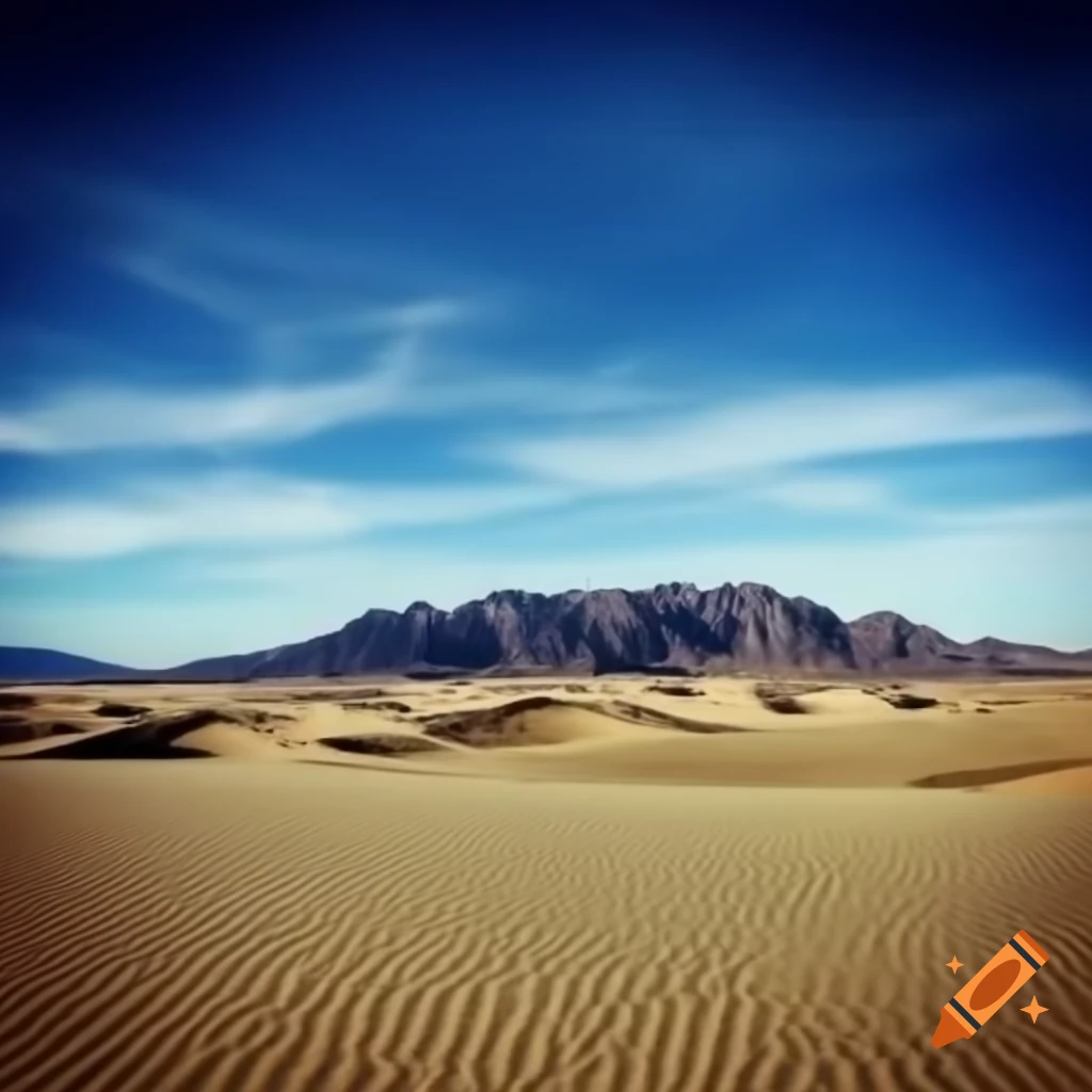 Desert landscape with mountains in background and blue sky