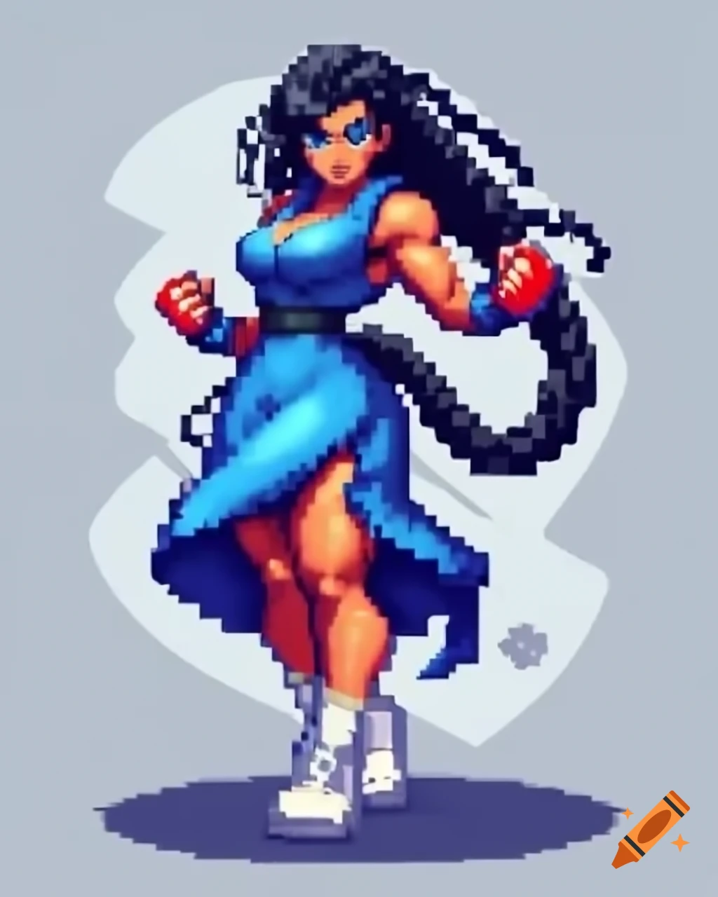 Woman fighter in pixel art with long black braid and blue dress in ...