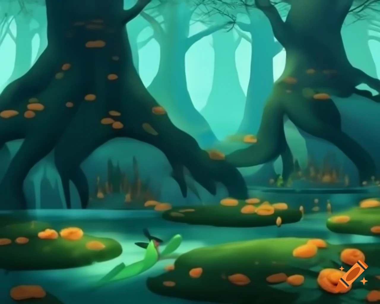 Old-growth forest with luminescent vines and coral-laden river reflecting rich hues