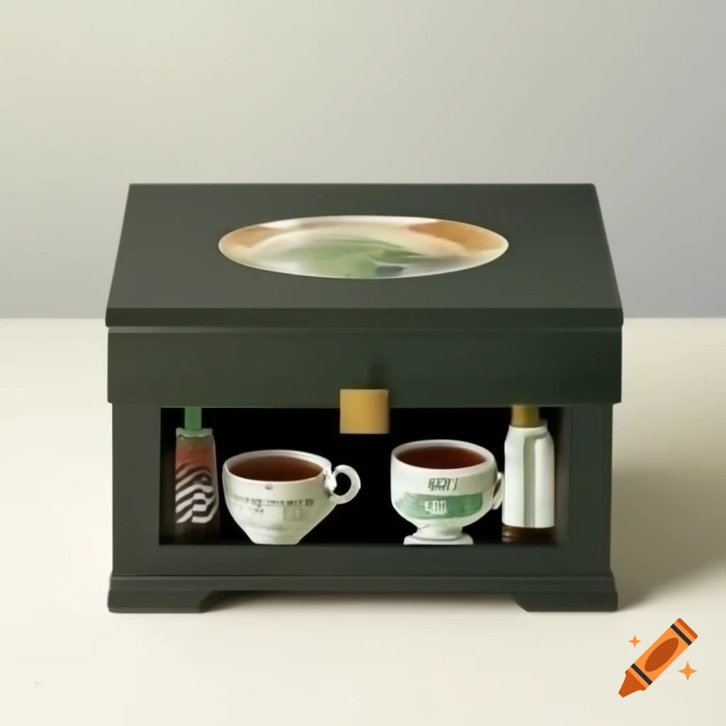 Elegant tea box and cup design in black and bottle green watercolor