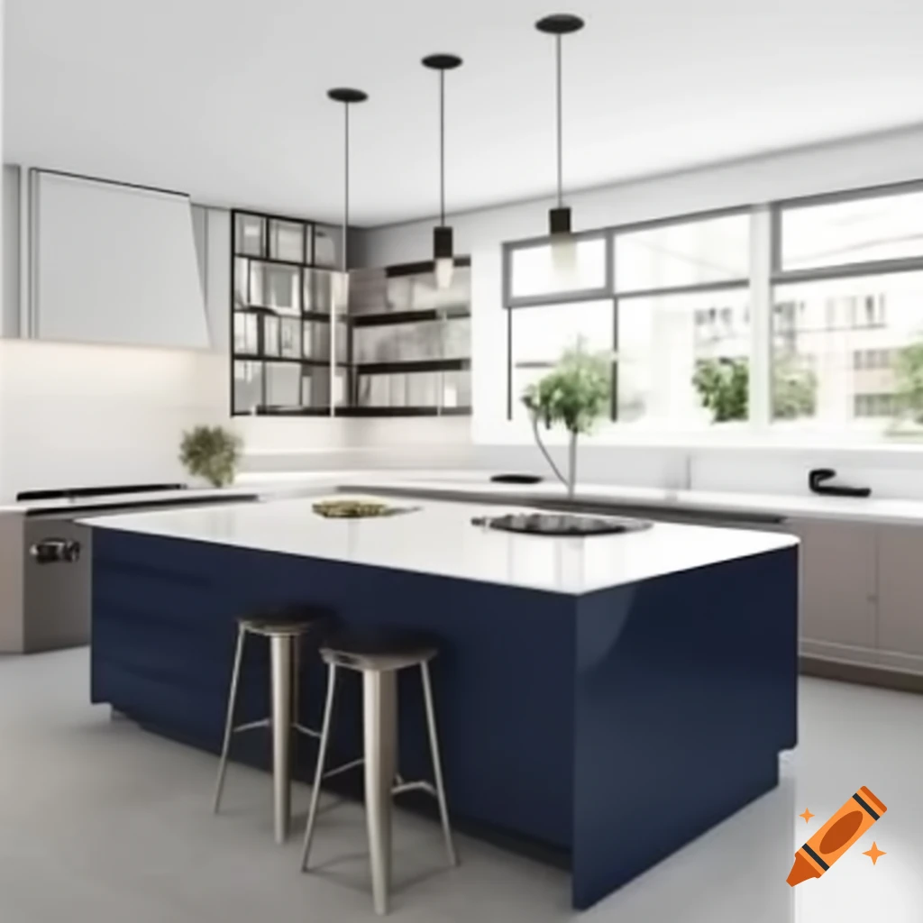 Modern kitchen with navy blue and white cabinets, quartz countertop, and central island