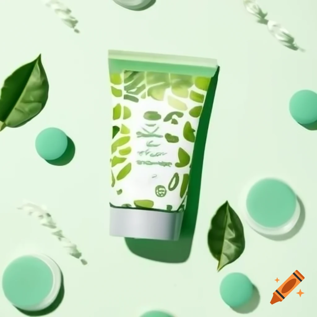 Tea tree cleansing foam packaging design in green and white with leaf motifs