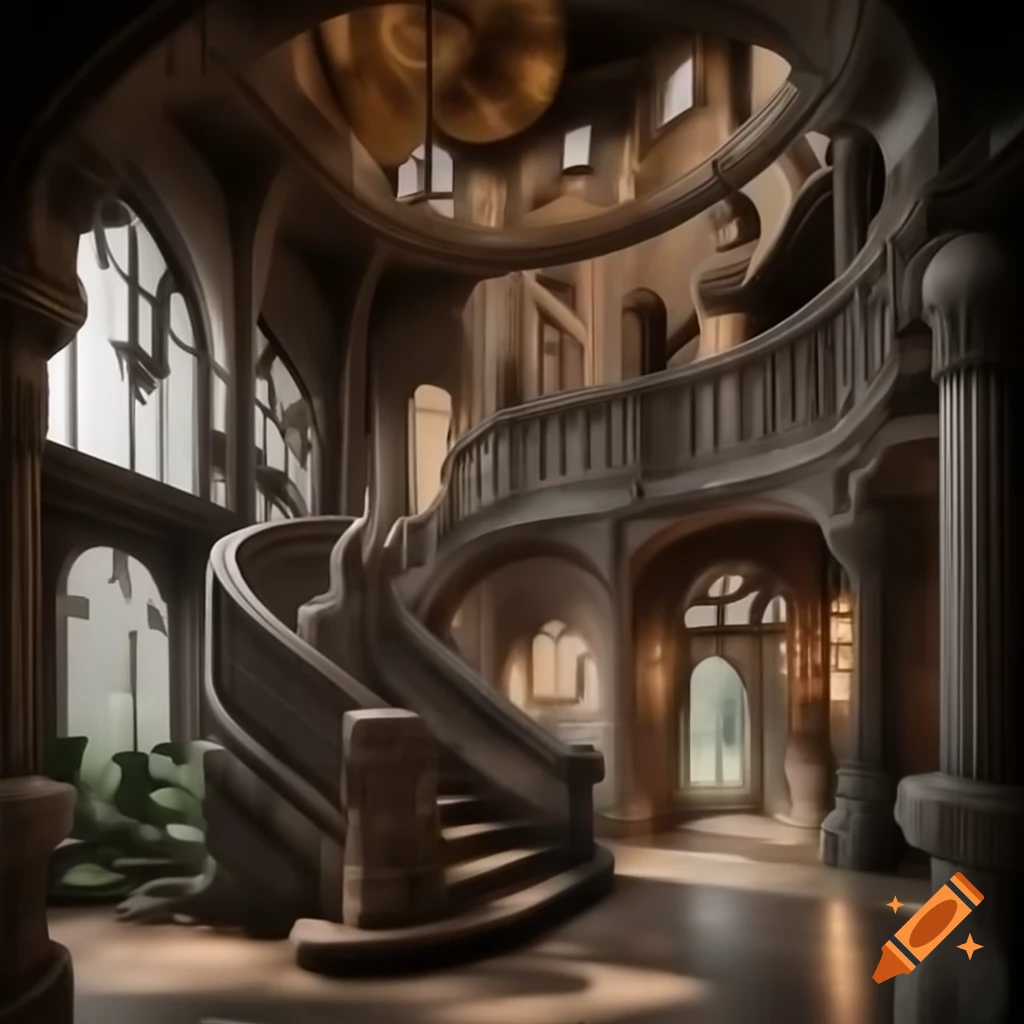 Gothic mansion interior with art nouveau details and steampunk lighting