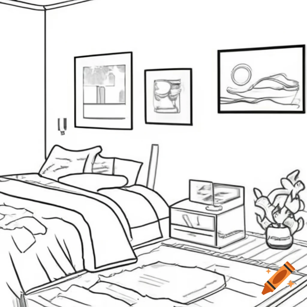 Cozy bedroom line art for adult coloring book, senior-friendly design ...