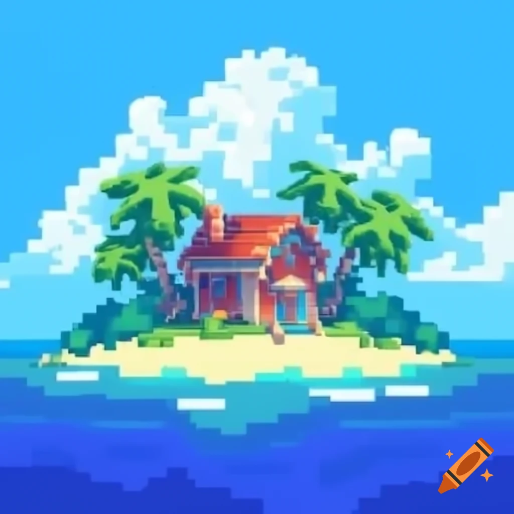 Pixel art depicting a summer island scene