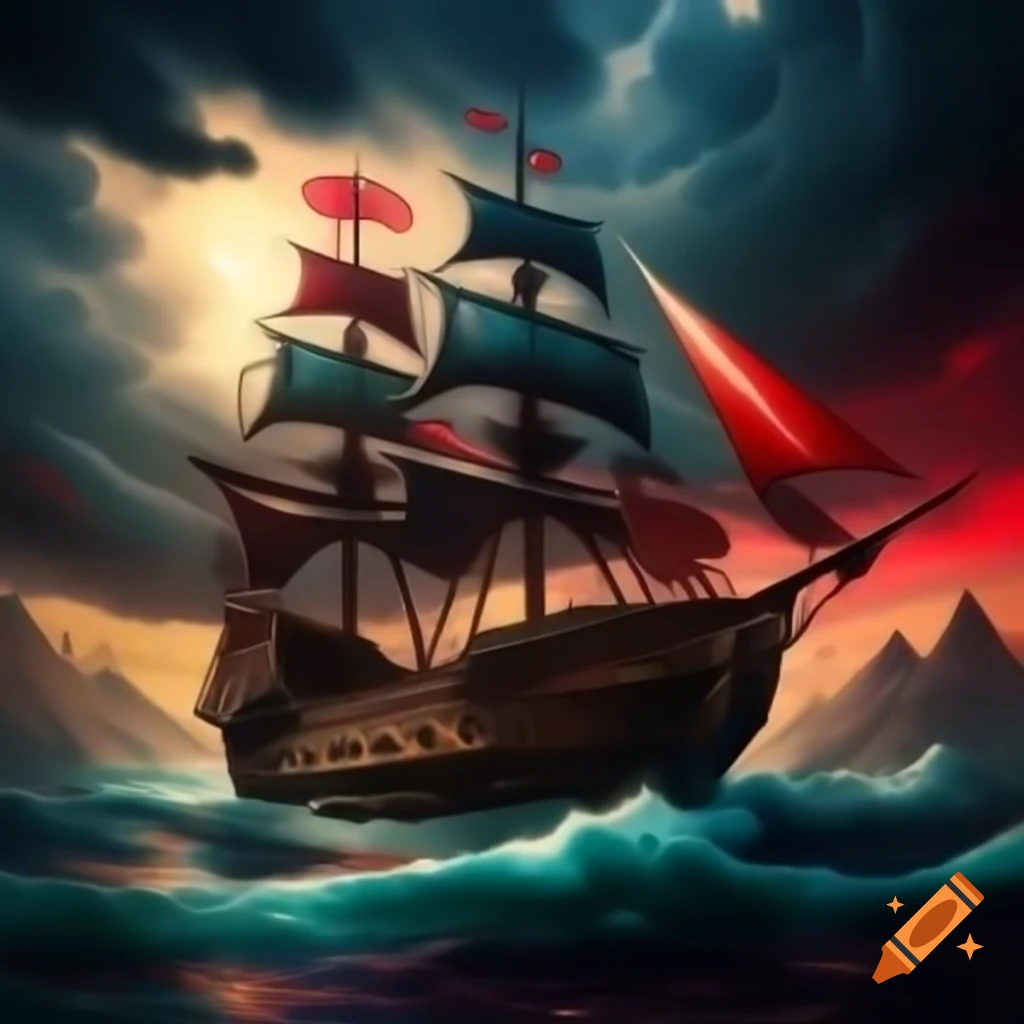 Vibrant painted pirate ship with billowing sails in red, black, and white