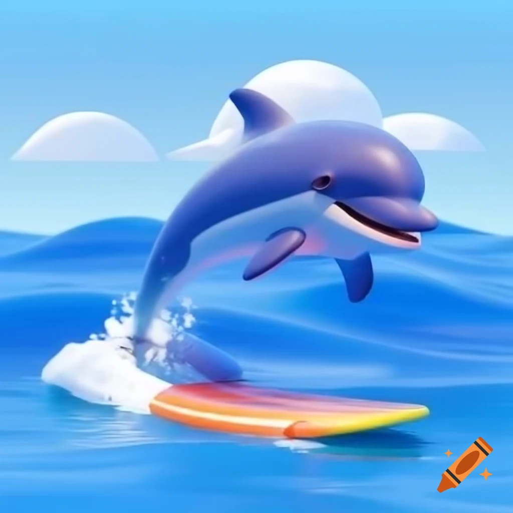 3D dolphin surfing on wave wearing sunglasses