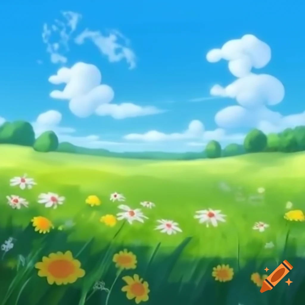 Clear meadow with blue sky and singing birds