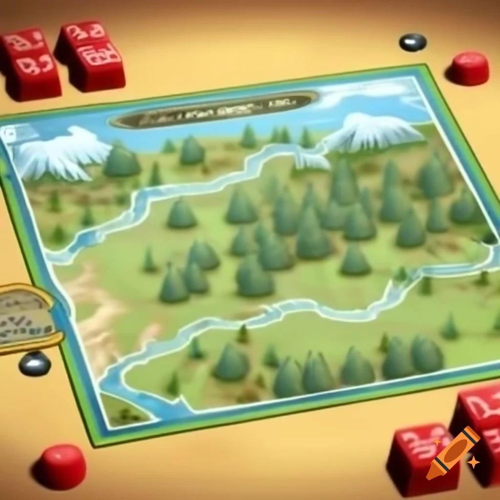 Bird's eye view of a board game map featuring forest, mountains, and river with red playing pieces and dice showing 5 and 6