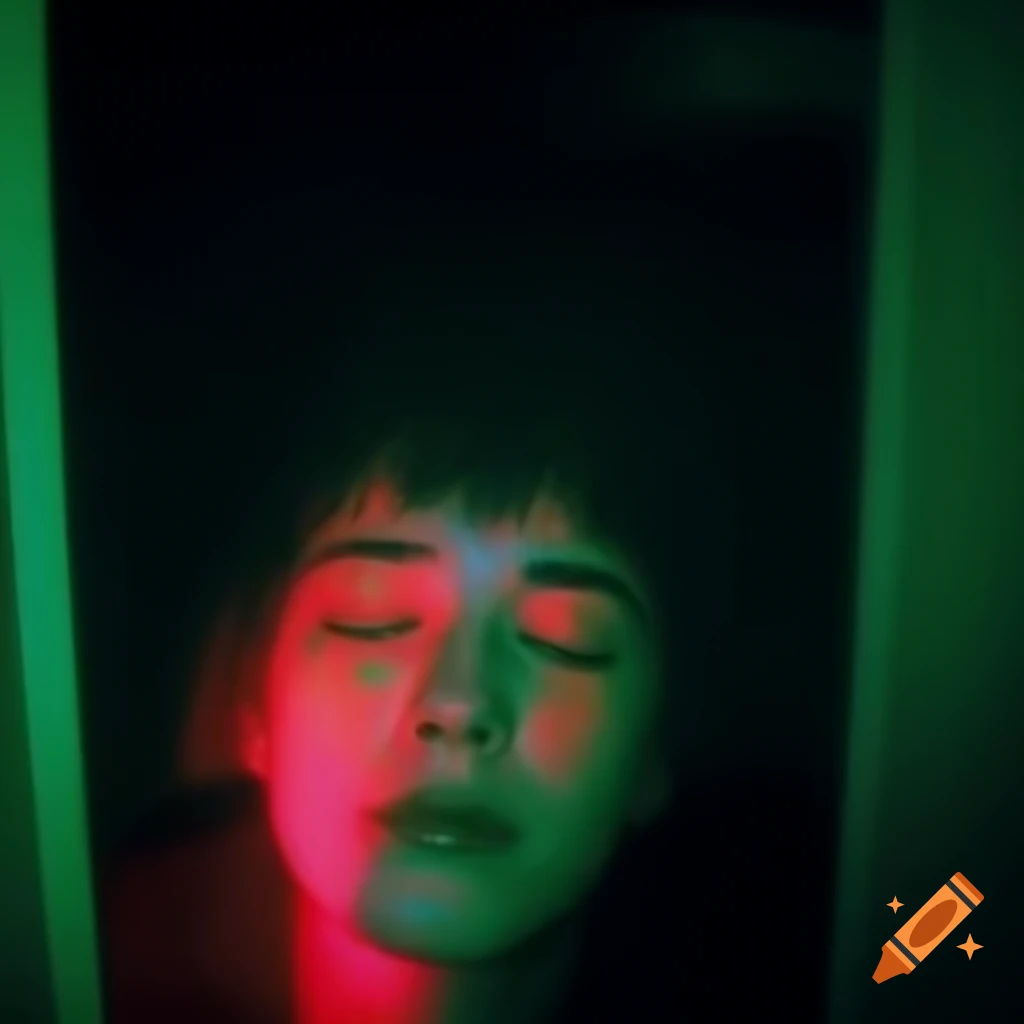 Close-up of person's face in dark room illuminated by screen, cyberpunk mood