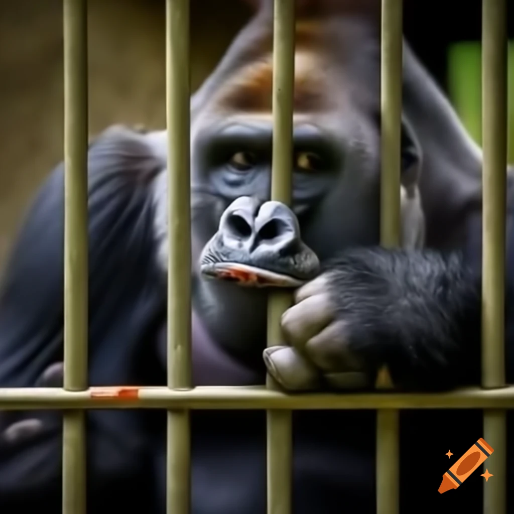 Gorilla in zoo looking out dreamily behind bars