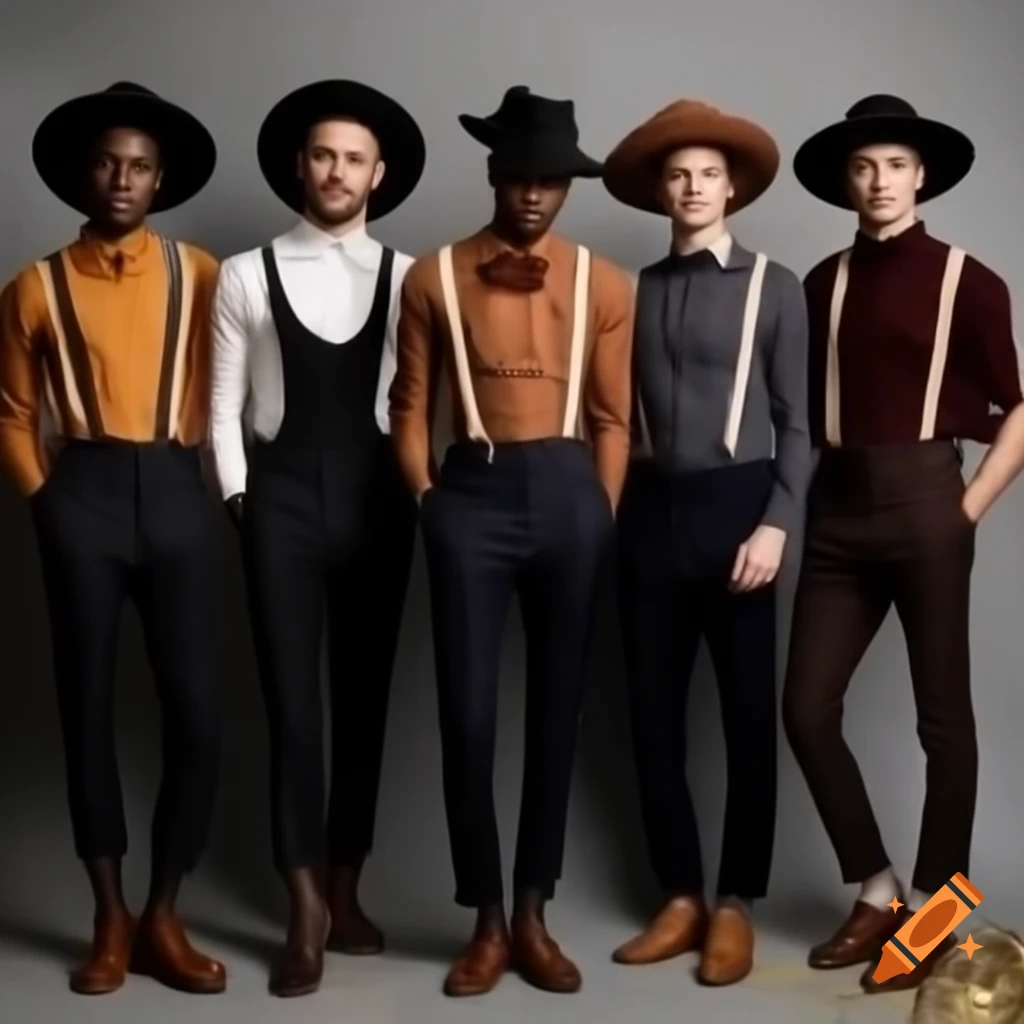 Three fashionable men in suspender outfits and fedoras at a gold theme wedding