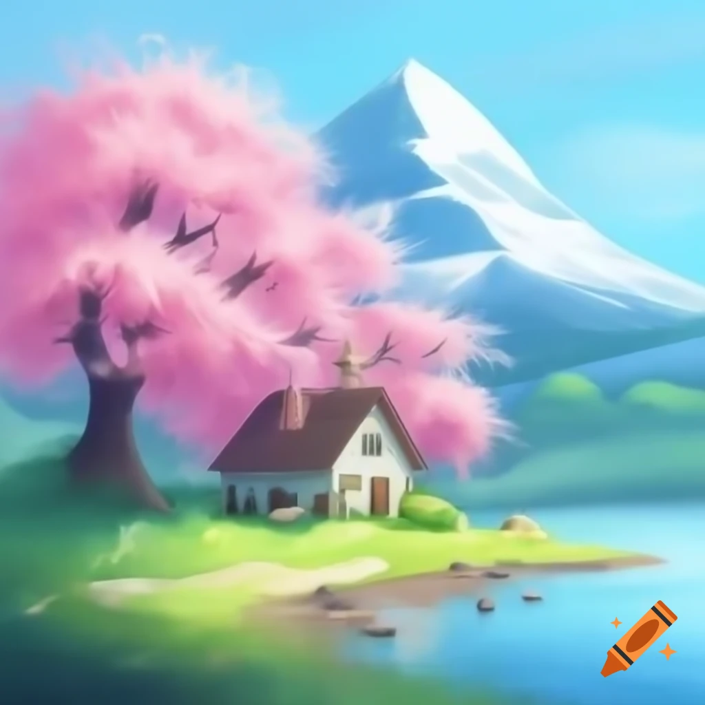 Charming house with cherry trees on mountain side by lake