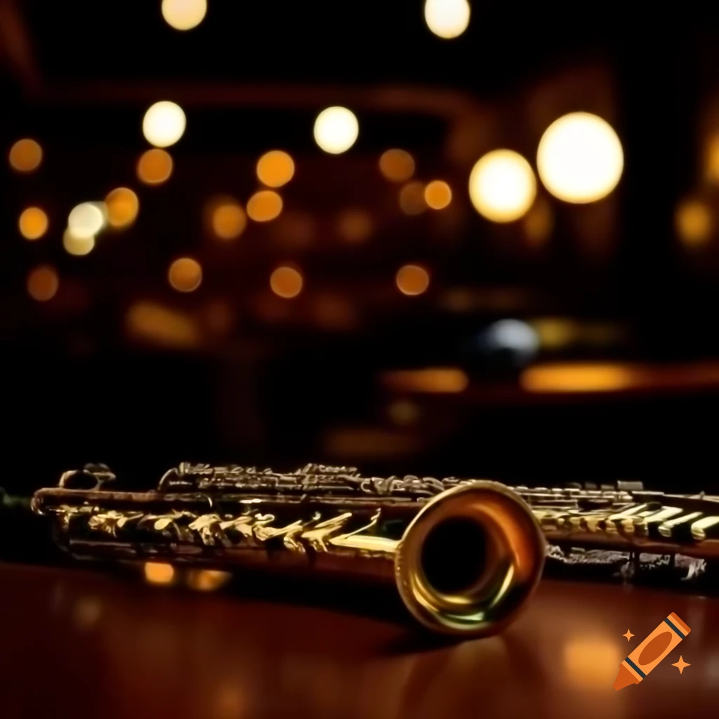 Golden saxophone on wooden table in jazz lounge with whiskey and vinyl record