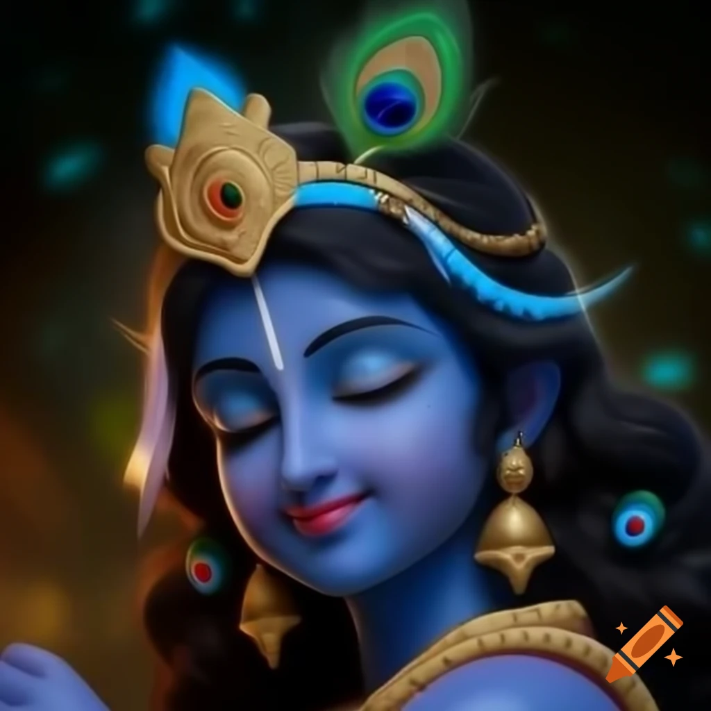 Close-up 3D render of Lord Krishna's divine face with sky-blue skin and gentle smile