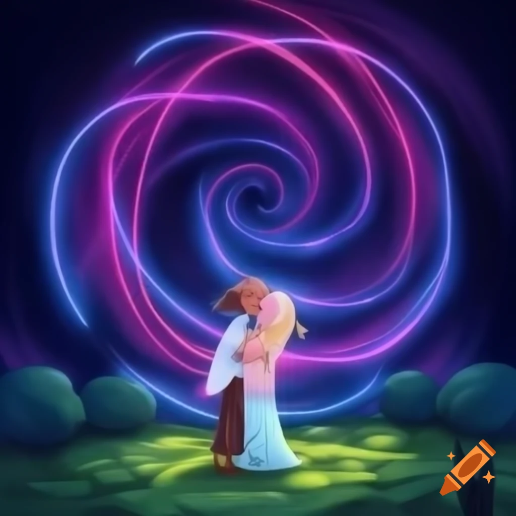 Oberon and Puck in a mossy glade with lovers in a circle under a starry sky