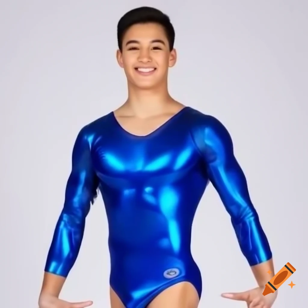 Male gymnast in shiny royal blue leotard and slippers performing