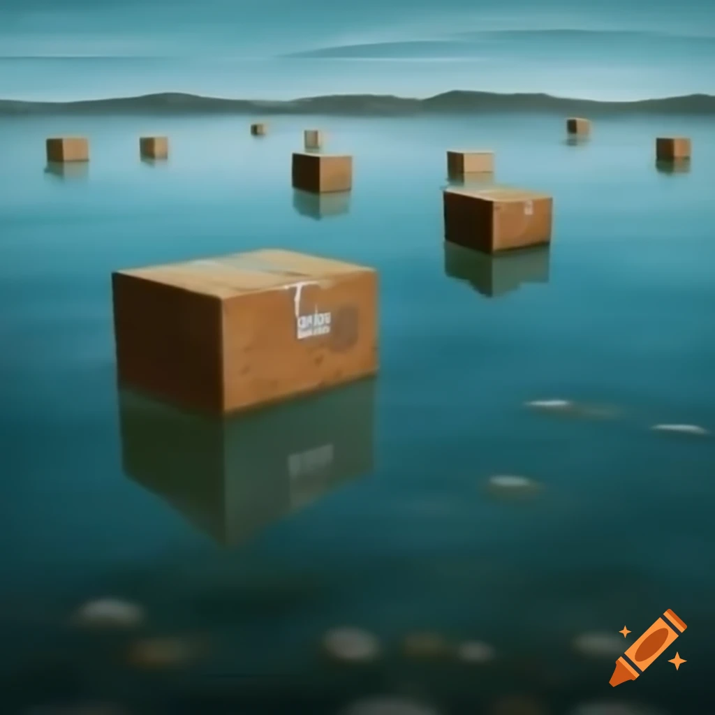 Surreal scene of floating on water and rustic boxes with a sense of urgency