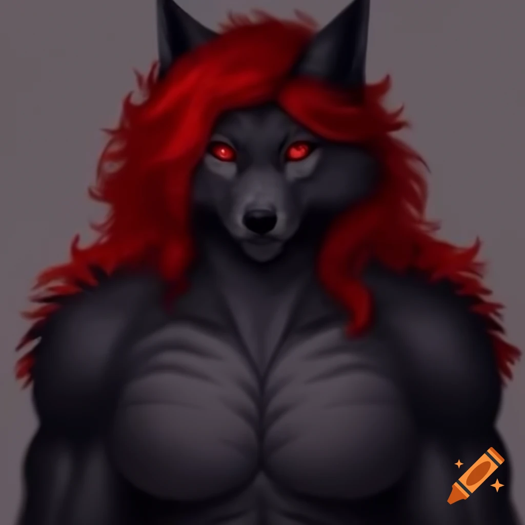 Anthro black wolf with red hair and eyes