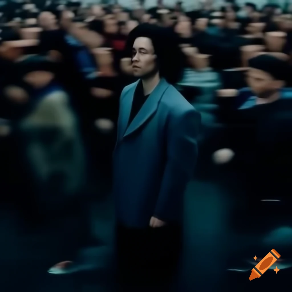 Cinematic overhead shot of person in oversized blazer on city sidewalk with motion-blurred crowd
