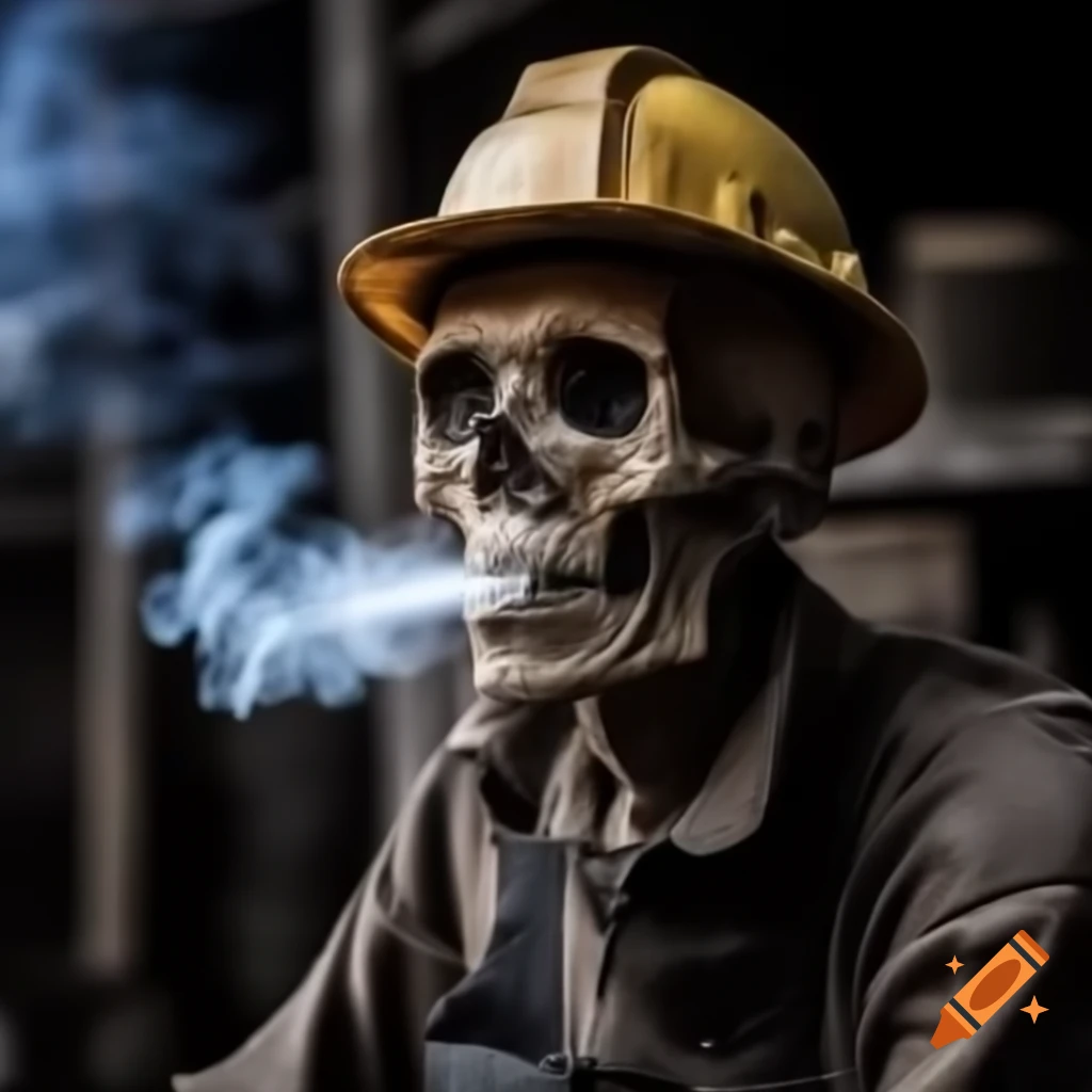 Skull miner smoking, artistic representation