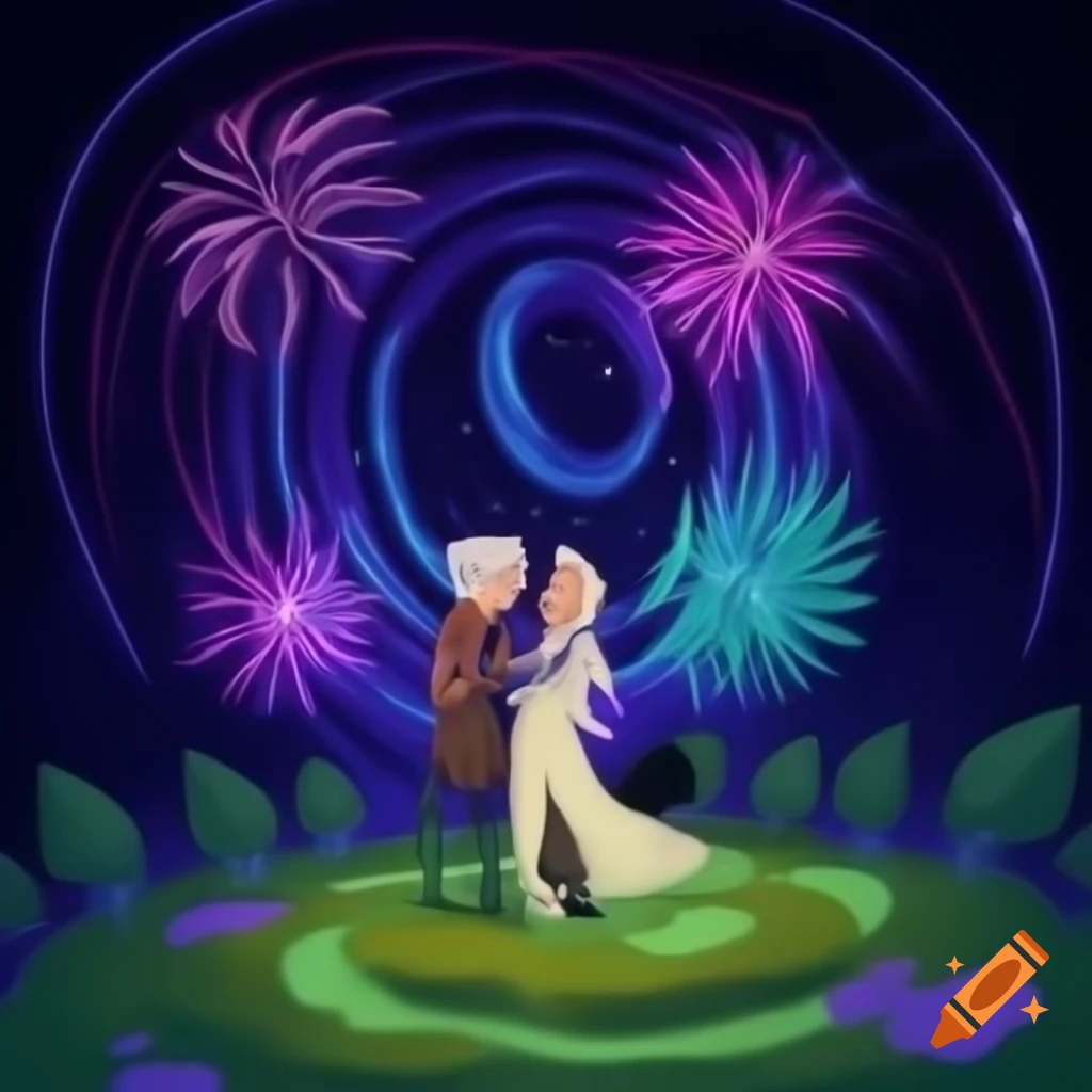 Oberon and Puck in a mossy glade with lovers in a circle under a starry sky