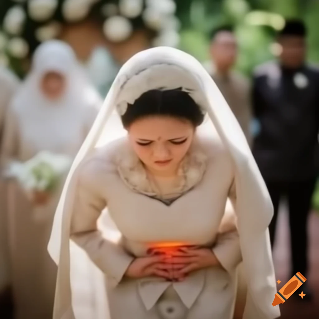 Woman in traditional Malay wedding attire expressing discomfort